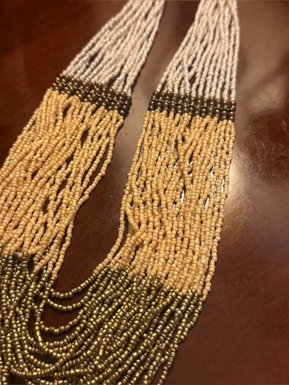 Beaded Multi-Strand Necklace in Beige, Gold & White